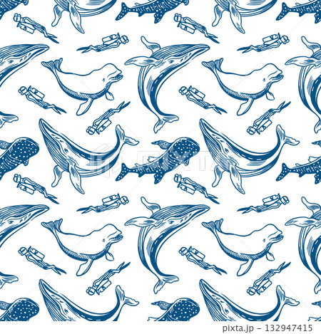 Sea animals and divers seamless pattern. Hand drawn line art illustration of whales, sharks and dolphins. Vector clip art for wrapping paper, fabric and festival cards. Sea animals and divers seamless pattern. Hand drawn line art illustration of whales, sharks and dolphins. Vector clip art for wrapping paper, fabric and festival cards. 132947415