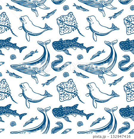 Sea animals seamless pattern. Hand drawn line art illustration of a whale, dolphin, shark, stingray and fish. Vector clip art for wrapping paper, fabric and cards. 132947416