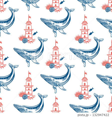 Whales and lighthouse seamless pattern. Hand drawn line art illustration of nautical symbols. Vector clip art for wrapping paper, fabric and cards. Whales and lighthouse seamless pattern. Hand drawn line art illustration of nautical symbols. Vector clip art for wrapping paper, fabric and cards. 132947422