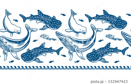 Sea animals seamless border. Hand drawn line art illustration of whales, dolphins, tiger sharks and fish. Vector clip art for wrapping paper, fabric and festival banners. Perfect for tableware decor. 132947423