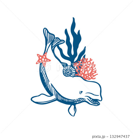 Beluga dolphin swimming with a shell, starfish and seaweed. Hand drawn vector illustration with blue lines for tiles and banners. Perfect for a card for Ocean and Marine Life Day. Beluga dolphin swimming with a shell, starfish and seaweed. Hand drawn vector illustration with blue lines for tiles and banners. Perfect for a card for Ocean and Marine Life Day. 132947437
