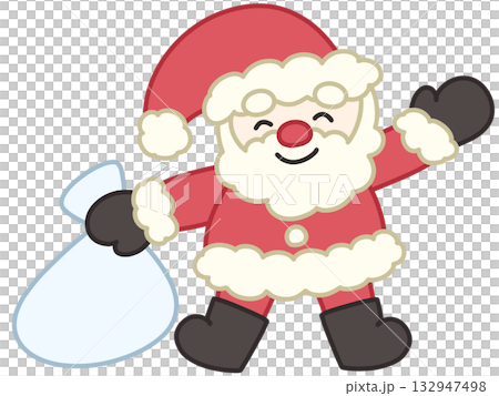 微笑的聖誕老人手提禮品袋,舉起手 微笑的聖誕老人手提禮品袋,舉起手 132947498