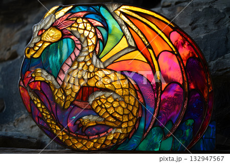 ステンドグラスのドラゴンイラスト。幻想的な装飾アートデザイン 132947567