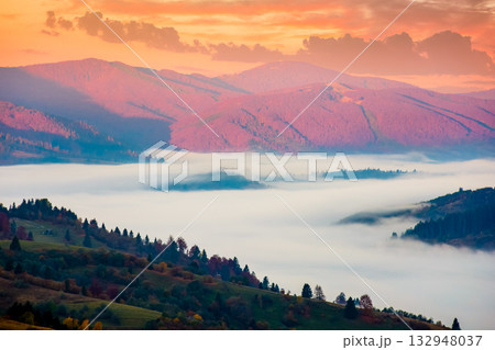 carpathian mountain landscape in autumn at sunrise. mist in the distant valley. colorful trees on hills. beautiful countryside scene of ukraine in morning light and fog. picturesque rural place carpathian mountain landscape in autumn at sunrise. mist in the distant valley. colorful trees on hills. beautiful countryside scene of ukraine in morning light and fog. picturesque rural place 132948037
