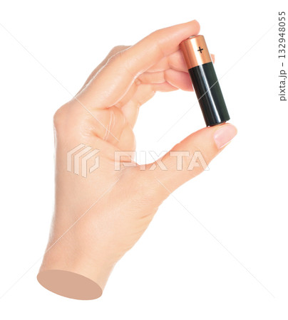 Woman hand holds battery, isolated on transparent background, energy batteries and energy saving concept. Contemporary art Woman hand holds battery, isolated on transparent background, energy batteries and energy saving concept. Contemporary art 132948055