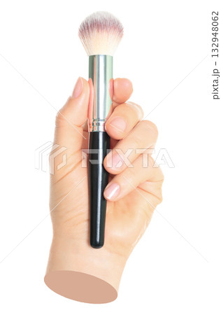 Woman hand holds black cosmetics brush, isolated on transparent background, cosmetics and visage concept. Contemporary art Woman hand holds black cosmetics brush, isolated on transparent background, cosmetics and visage concept. Contemporary art 132948062