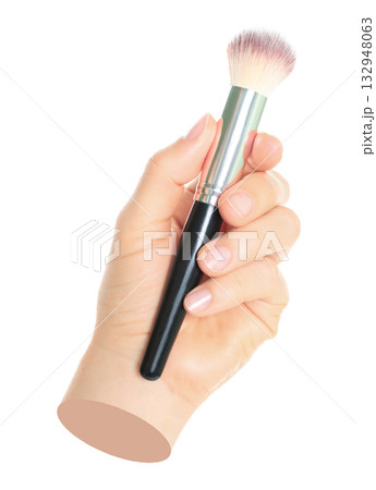 Woman hand holds black cosmetics brush, isolated on transparent background, cosmetics and visage concept. Contemporary art Woman hand holds black cosmetics brush, isolated on transparent background, cosmetics and visage concept. Contemporary art 132948063