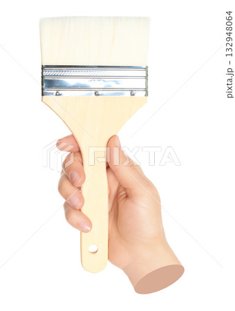 Woman hand holds paint brush, isolated on transparent background, painting and design concept. Contemporary art 132948064
