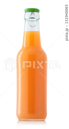 Glass bottle of fresh orange juice, isolated on a transparent background 132948065