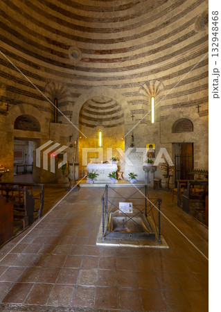 San Galgano hermitage interior showing altar and tomb 132948468