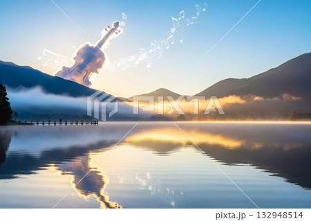 バイオリン型の雲が浮かぶ湖畔の朝 132948514