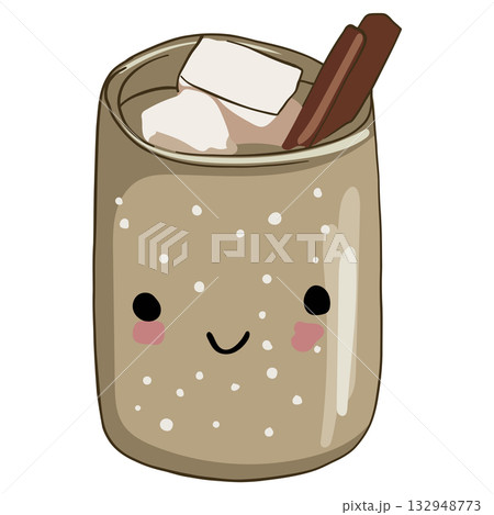 Cup of hot chocolate with marshmallows and cinnamon, vector illustration 132948773