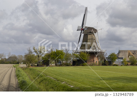 Dutch windmill standing in rural Friesland landscape, Netherlands Dutch windmill standing in rural Friesland landscape, Netherlands 132948789