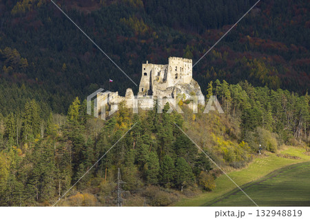 Likavka Castle ruins overlooking autumn Slovakian landscape Likavka Castle ruins overlooking autumn Slovakian landscape 132948819