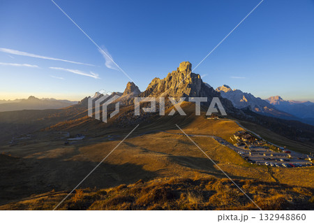 Passo Giau mountain landscape with golden hour light in Dolomites Passo Giau mountain landscape with golden hour light in Dolomites 132948860