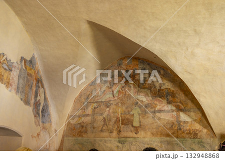 Medieval fresco painting on castle wall in Svihov Czechia 132948868