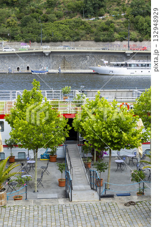 Cruise boat terrace cafe with Vltava river in Prague Cruise boat terrace cafe with Vltava river in Prague 132948929