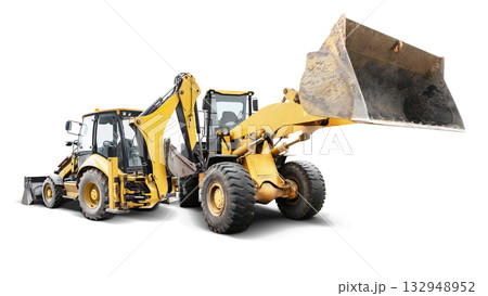 Two pieces of heavy construction machinery stand side by side against a clear backdrop, showcasing their robust designs and powerful features for design use Two pieces of heavy construction machinery stand side by side against a clear backdrop, showcasing their robust designs and powerful features for design use 132948952