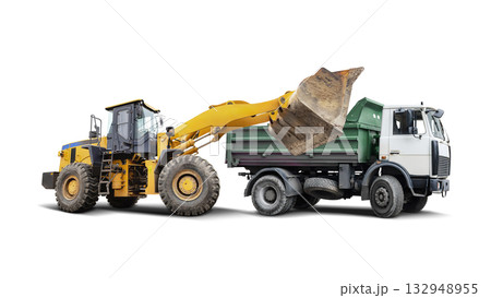 A construction loader lifts debris into a dump truck, emphasizing collaboration in waste management. The isolated background enhances the focus on the machinery A construction loader lifts debris into a dump truck, emphasizing collaboration in waste management. The isolated background enhances the focus on the machinery 132948955