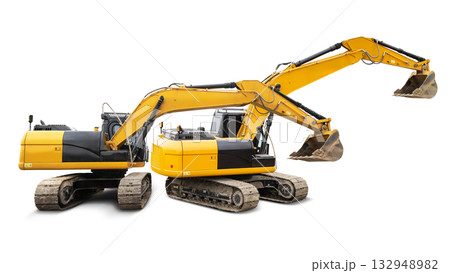 Two large yellow excavators stand side by side on a clean white background, showcasing their powerful design and capability in construction and earth-moving tasks Two large yellow excavators stand side by side on a clean white background, showcasing their powerful design and capability in construction and earth-moving tasks 132948982