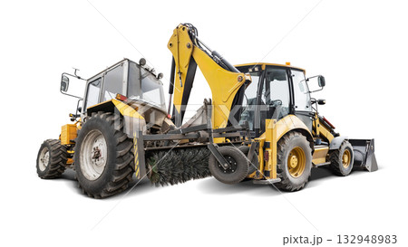 Two pieces of heavy machinery are positioned back-to-back, showcasing a backhoe loader and a street sweeper against a blank backdrop, ideal for design use Two pieces of heavy machinery are positioned back-to-back, showcasing a backhoe loader and a street sweeper against a blank backdrop, ideal for design use 132948983