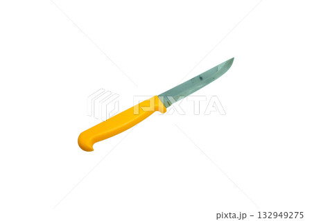 Kitchen knives that have been used, Yellow handle knives isolated on white background, clipping path 132949275