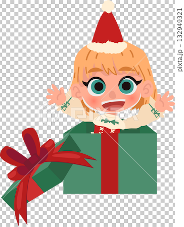 happy child surprise in christmas present box wearing santa hat. adorable cartoon for holiday greeting and winter celebration 132949321
