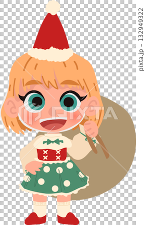 cute christmas girl cartoon in santa outfit holding bag of presents holiday for christmas greeting. 132949322