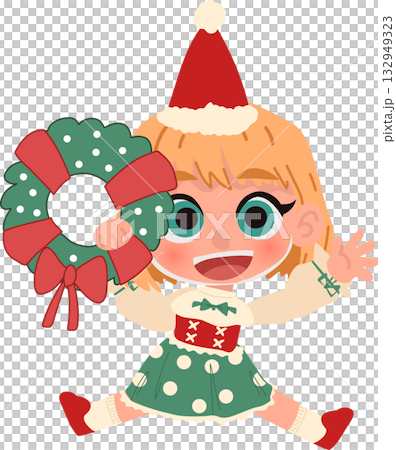 cute girl in christmas outfit jumping with wreath joyful expression. for holiday greeting posters or new year designs 132949323