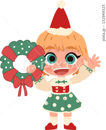happy little girl in christmas costume with green wreath cute holiday for seasonal greeting and decoration designs 132949325