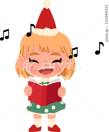 happy child singing christmas song in festive green dress and santa hat perfect winter holiday 132949332