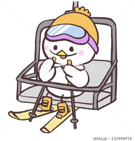 スキー場でリフトに乗る白い鳥のイラスト 132949419