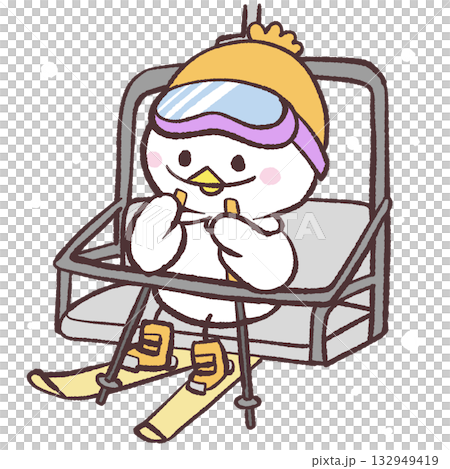 スキー場でリフトに乗る白い鳥のイラスト 132949419