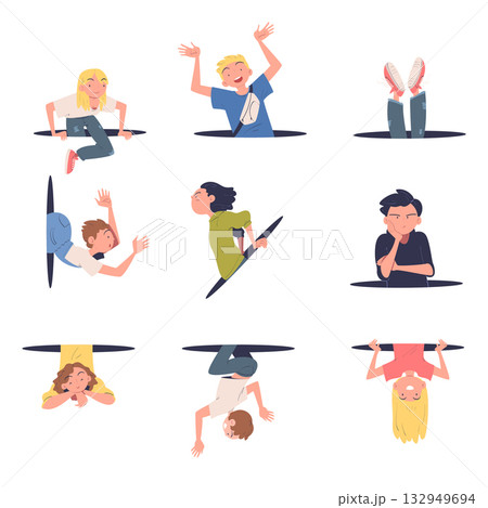 People Character Jumping Through Portal Enter Hole Vector Set 132949694