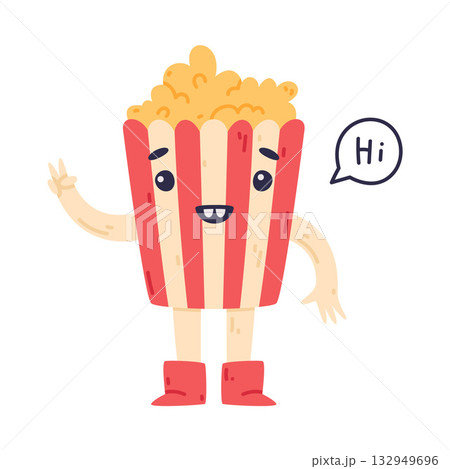 Funny Popcorn Character with Smiling Face Say Hi Greeting Vector Illustration 132949696