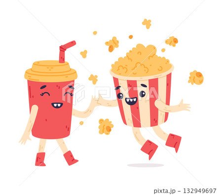 Funny Popcorn and Soda Drink Cup Character with Smiling Face Vector Illustration Funny Popcorn and Soda Drink Cup Character with Smiling Face Vector Illustration 132949697