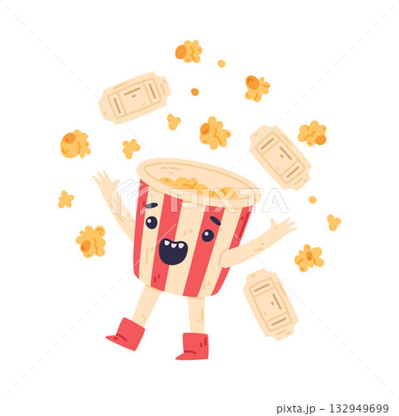Funny Popcorn Character with Smiling Face and Cinema Ticket Vector Illustration Funny Popcorn Character with Smiling Face and Cinema Ticket Vector Illustration 132949699