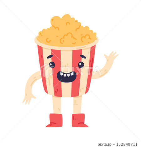 Funny Popcorn Character with Smiling Face Wave Hand Vector Illustration 132949711