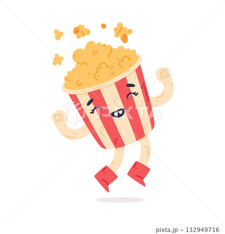 Funny Popcorn Character with Smiling Face Jumping Vector Illustration 132949716