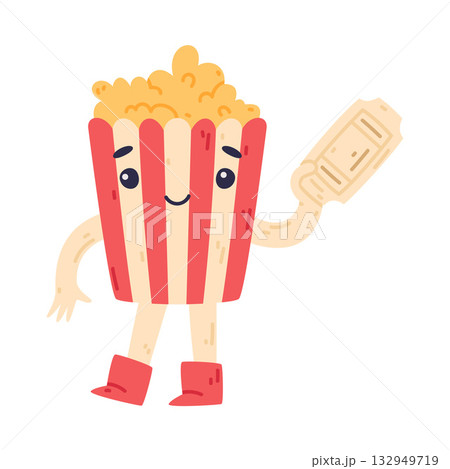 Funny Popcorn Character with Smiling Face Hold Ticket Vector Illustration Funny Popcorn Character with Smiling Face Hold Ticket Vector Illustration 132949719