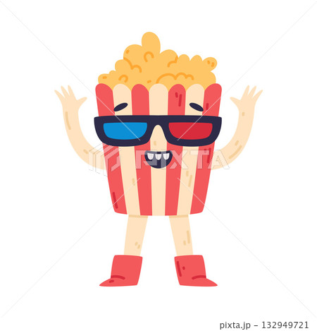 Funny Popcorn Character with Smiling Face Wear 3D Glasses Vector Illustration 132949721