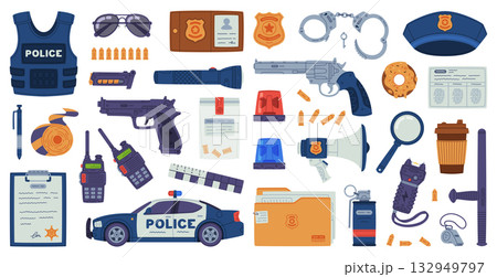 Police Equipment and Professional Policeman Object Vector Set 132949797