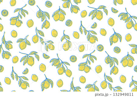 Lemons tree branch seamless pattern different fruits citrus branches hand drawn boundless background Lemons tree branch seamless pattern different fruits citrus branches hand drawn boundless background 132949811