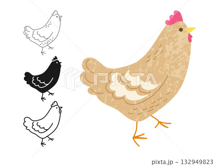 Chicken symbol cartoon set hen rooster chick comic birds character linear icon vector illustration 132949823