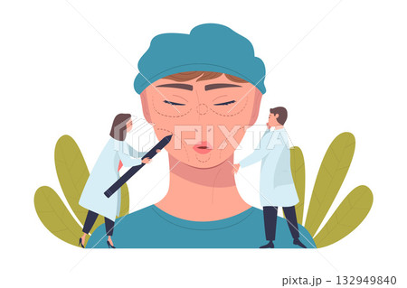 Plastic Surgery with Doctor and Patient at Face Correction in Aesthetic Beauty Clinic Vector Illustration 132949840