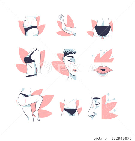 Plastic Surgery as Face and Body Corrections in Aesthetic Beauty Clinic Vector Set 132949870