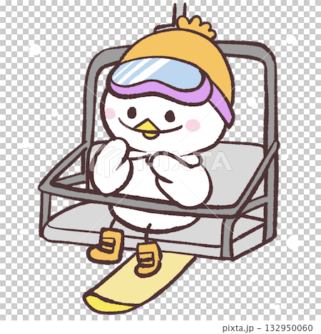 Illustration of a white bird on a snowboard riding a lift Illustration of a white bird on a snowboard riding a lift 132950060