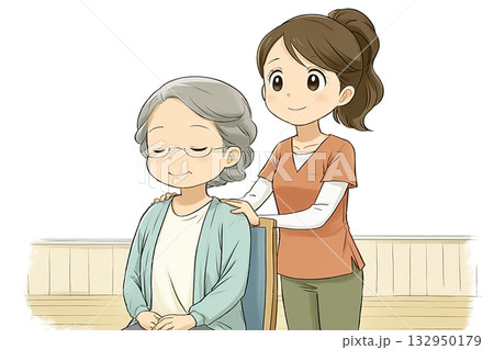 ペアヨガ 女性インストラクターがシニアをサポートし椅子ヨガ 132950179