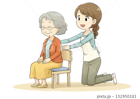 ペアヨガ 女性インストラクターがシニアをサポートし椅子ヨガ ペアヨガ 女性インストラクターがシニアをサポートし椅子ヨガ 132950181