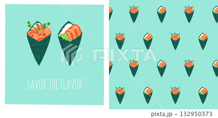 Temaki salmon sushi roll cartoon seamless pattern Asian Japanese boundless vector endless template 132950373